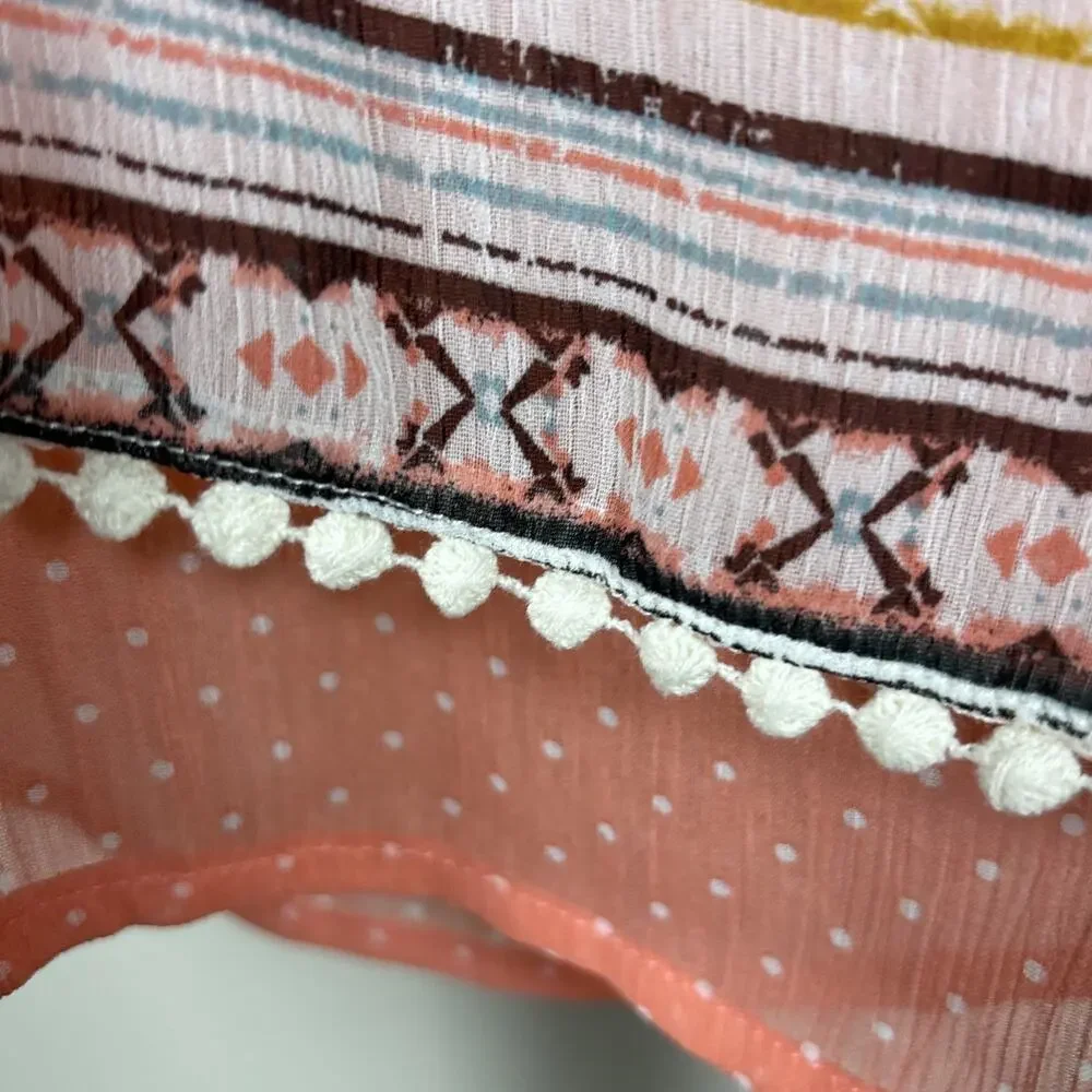 About a Girl Layered Boho Aztec Peach Polka Dot Pom Pom Hem Tank Striped Sz XS - Picture 3 of 8